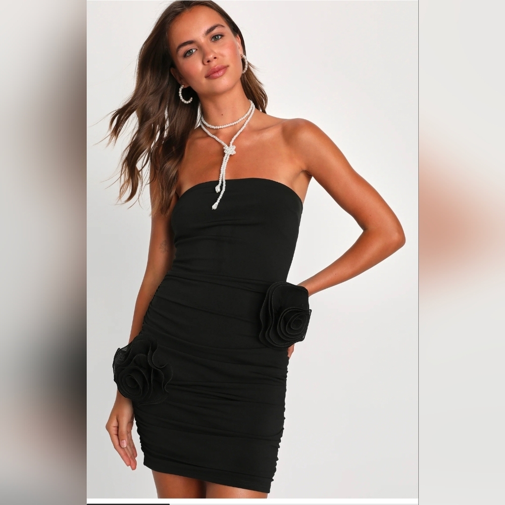 Lulus Attentive Allure Black Strapless Rosette Mini Dress XSmall